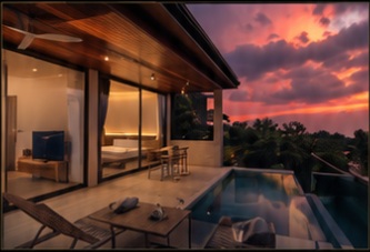 Modern home overlooking a landscape at sunset